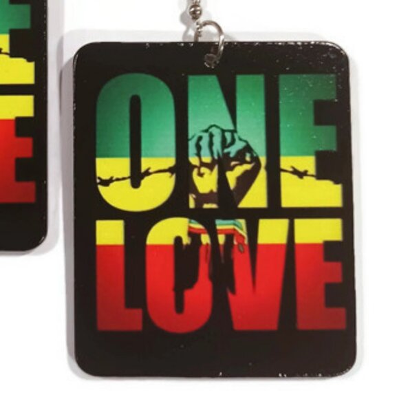 ONE LOVE Power Fist GYR Rectangle Statement Dangle Wood Earrings - Picture 3 of 5